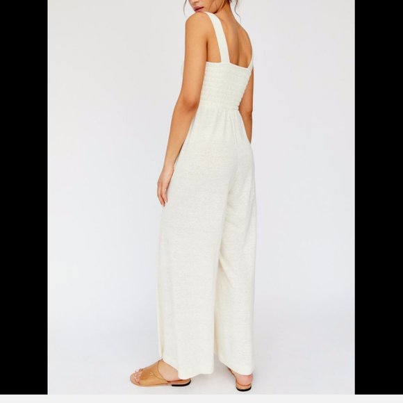 FREE PEOPLE IVORY SLEEVELESS SMOCKED WIDE LEG HOMECOMING JUMPSUIT - Picture 4 of 4